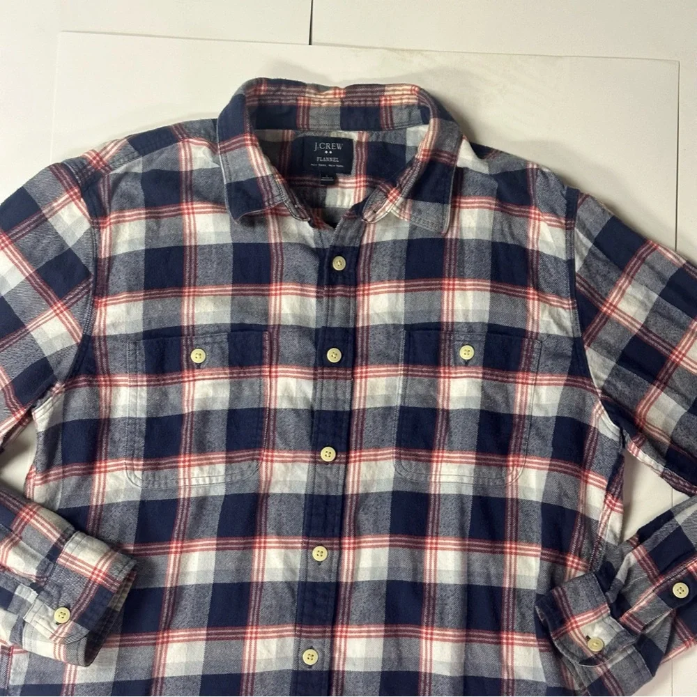 J. Crew Men's Navy and Red Plaid Button Down Flannel Shirt, L